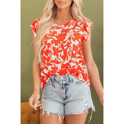 Orange Floral Ruffle Sleeve Print Top