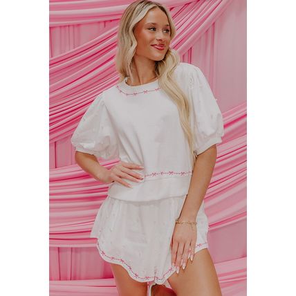 White Contrast Bow Trim Pearl Puff Sleeve Blouse and Skort 2pcs Set