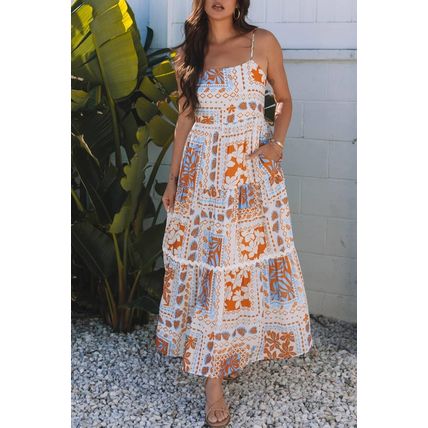Orange Multi Printed Ricrac Trim Spaghetti Straps Maxi Dress