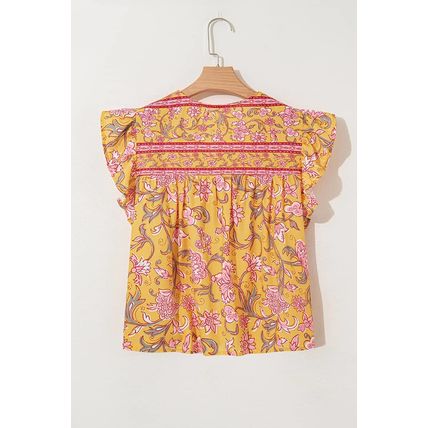 Yellow Floral Notched Neck Ruffled Sleeve Casual Blouse