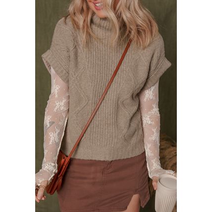 Smoke Gray Textured Knit High Neck Sweater T Shirt