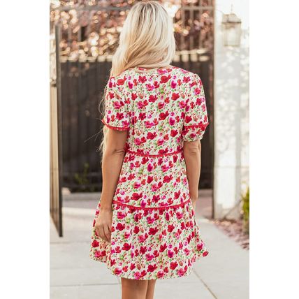 Red Floral Puff Sleeve Tiered Ric Rac Pocketed Mini Dress