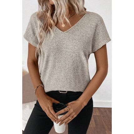 Gray Morn Ribbed Short Sleeve V Neck Colorblock Bow Back Top