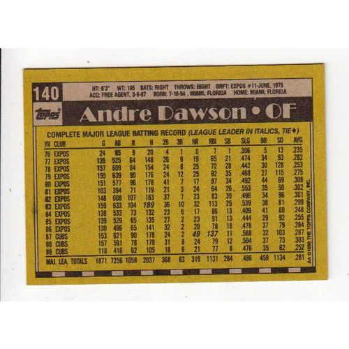 1990 Topps Andre Dawson Baseball card #140-NM- HOF-Cubs