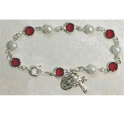 Cross Bracelet, Sterling Silver with Red and Pearl Beads