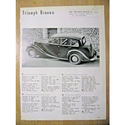 Triumph Sports / Renown Automobile Specification sheet-1953
