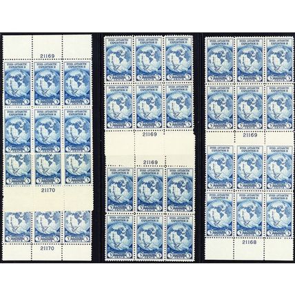 733, Mint VF NH 3¢ SEVEN Plate Blocks CV $105.00 - Stuart Katz
