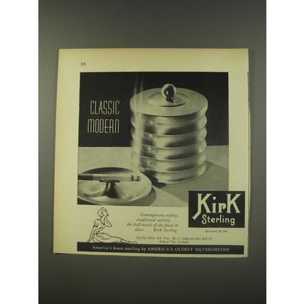 1956 Kirk Stering Silver Ash Tray and Cigarette Box Advertisement