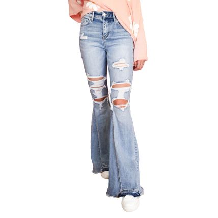 Sky Blue Light Wash Distressed High Rise Flare Jeans