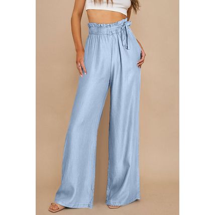Sky Blue High Waist Pocketed Wide Leg Tencel Jeans