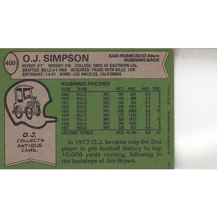 O.J. SIMPSON 1978 AUTOGRAPHED SAN FRANCISCO 49ERS HALL OF FAME FULLBACK THEJUICE