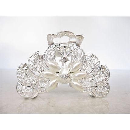 Silver metal peacock faux pearl and clear crystal hair claw clip bridal clip