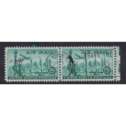 United States Postmark New York 1955 Air Mail 15c pair VGC