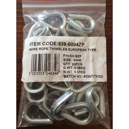 20 x 4mm Thimble Thimbles Wire Cable Rope BZP Galvanised Cable Clips Clamps