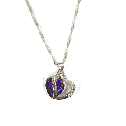 Amethyst Purple Double Heart Crystal White Gold Plated Necklace