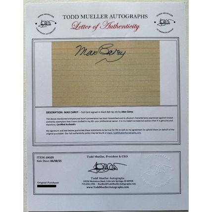 Max Carey (d. 1976) Signed Autographed Vintage 3x5 Index Card