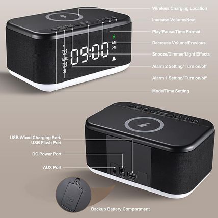 Alarm Clock Speaker Wireless Charger, Digital Alarm Clocks Bedrooms Bluetooth, A