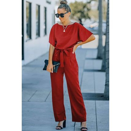Red Belted Wide Leg Jumpsuit