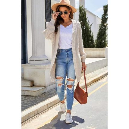 Khaki Open Front Cable Sleeve Long Cardigan