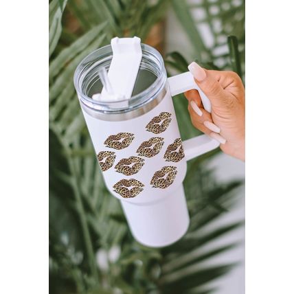 White Valentine Leopard Lips Print Thermos Cuo with Straw
