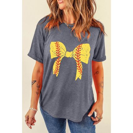 Gray Baseball Bowknot Graphic Casual Tee