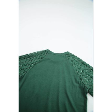 Blackish Green Seamed Detail Contrast Lace Raglan Sleeve Tee