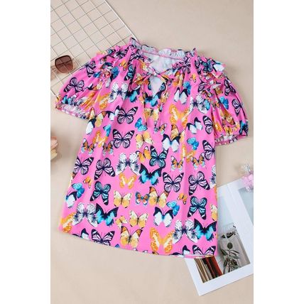 Purple Butterfly Print Ruffled Puff Sleeve Tied V Neck Blouse
