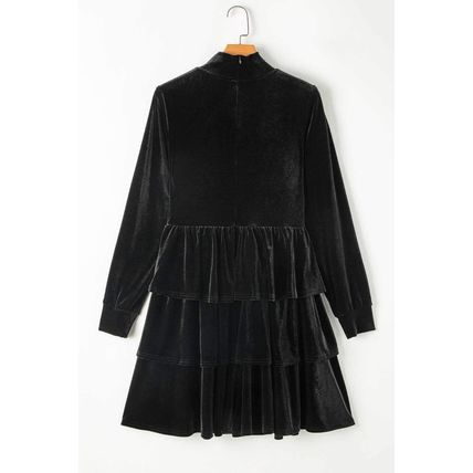 Black Velvet High Neck Tiered Ruffle Mini Dress