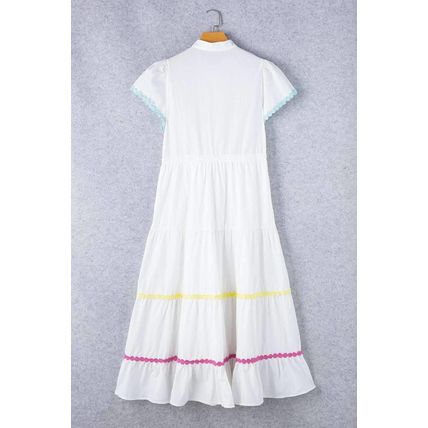 White Colorblock Rickrack Trim Short Sleeve Drawstring Waist Long Dress