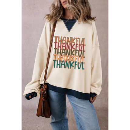 White THANKFUL Graphic Colorblock Edge Oversized Thanksgiving Sweatshirt