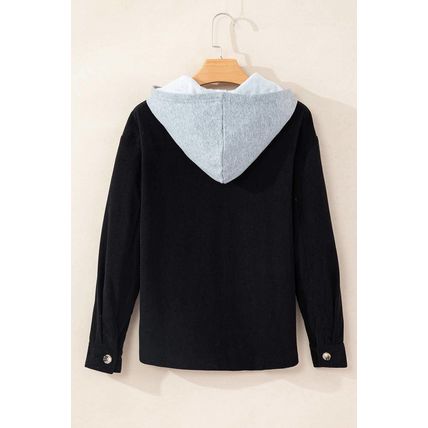 Black Hooded Drawstring Pockets Corduroy Shacket