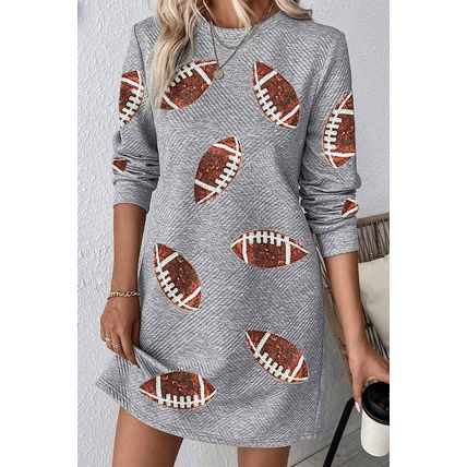 Gray Sequin Rugby Football Graphic Textured Long Sleeve Shift Mini Dress
