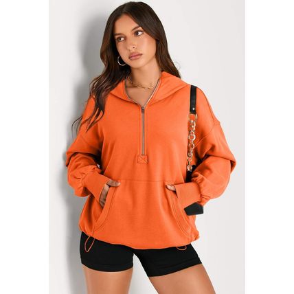 Orange Solid Kangaroo Pocket Half Zipper Oversized Hoodie