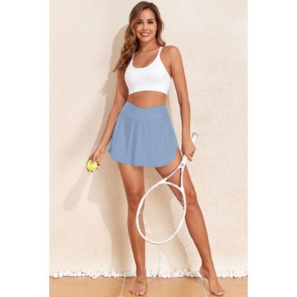 Beau Blue Solid Pocketed Crossover High Waist Swim Skort