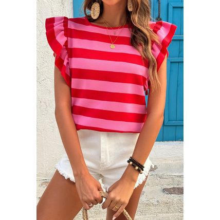 Red Stripe Flutter Sleeve Round Neck T Shirt