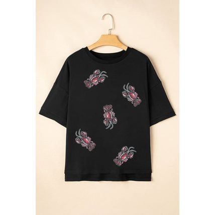 Black Sequin Crawfish Graphic High Low Loose T Shirt
