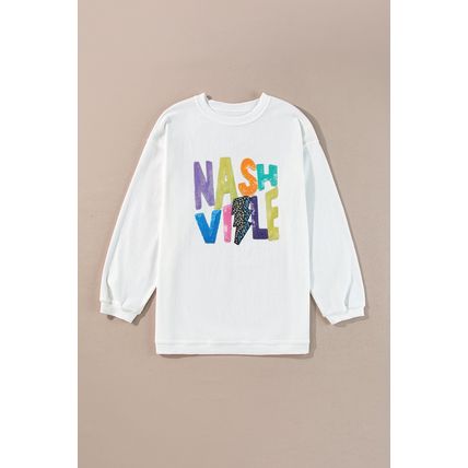 White Nashville Graphic Corded Oversized Sweatshirt