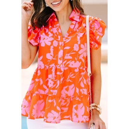 Orange Floral Print Collared Button Neckline Flutter Sleeve Blouse