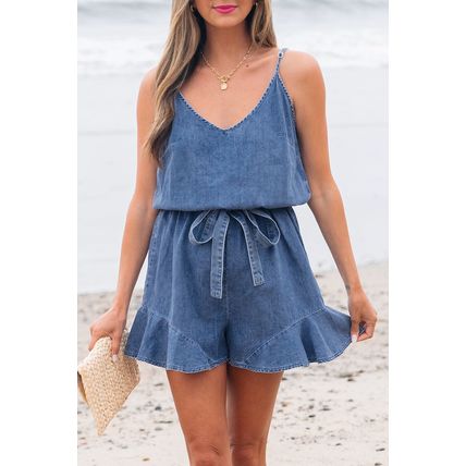 Ashleigh Blue Spaghetti Straps V Neck Belted Ruffled Leg Chambray Romper