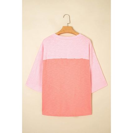 Pink Flower Patched Exposed Seam Bracelet Sleeve Oversized T Shirt