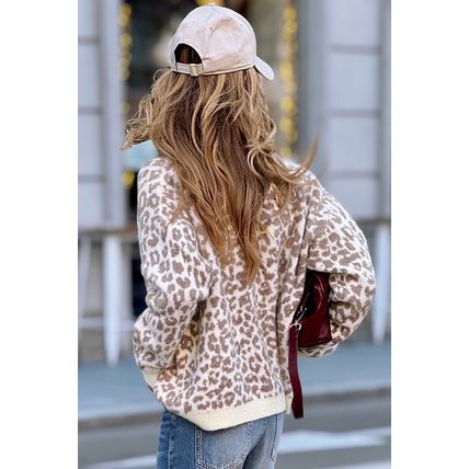 Khaki Leopard Drop Shoulder Chunky Knitted Cardigan Sweater