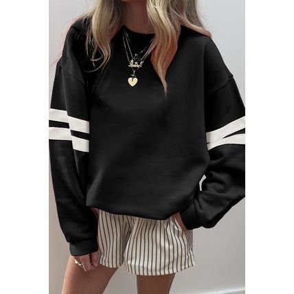 Black Varsity Striped Detail Drop Shoulder Oversized Sweatshirt