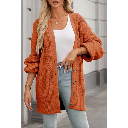 Gold Flame Button Front V Neck Chunky Cardigan Sweater