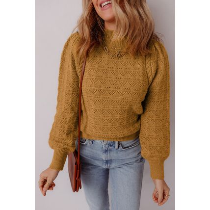 Jurassic Gold Hollow Out Crochet Ribbed Edge Balloon Sleeve Sweater