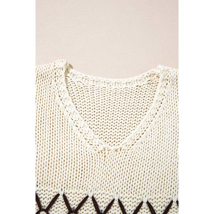 Parchment Contrast Stitch Detail V Neck Drop Shoulder Sweater