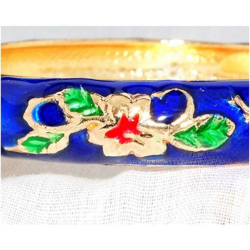 Blue Art Nouveau Style Enamel Gold Plated Hinged Bracelet Bangle Jewellery 1570