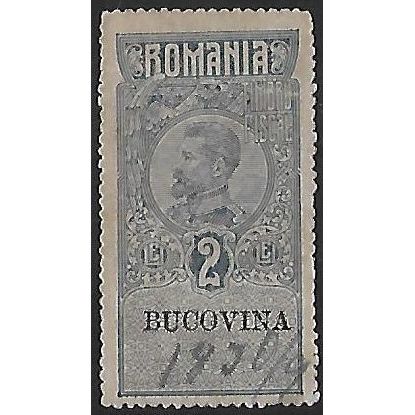 2 L. blue General Revenue Stamp: King Ferdinand I, overprinted Bucovina.