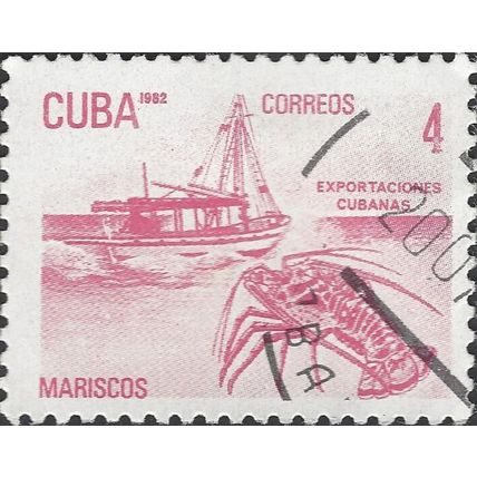 CUBA, SHIP, Fishing vessel and lobster, red-violet 1982, 4c