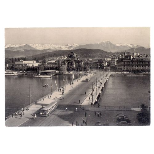 LAKE BRIDDGE, STARION AND MOUTAINS LUCERNE, SWITZERLAND unused vintage postcard