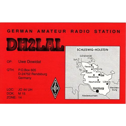 German Amateur Radio QSL Card DH2LAL Rendsburg Germany Dowidat 1996